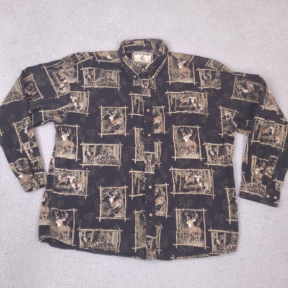 Bit & Bridle Outfitters Shirt Mens XL Black Deer Outdoor Wildlife Button‎ Down
